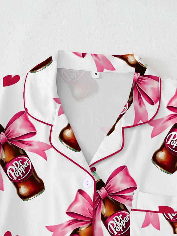 Teen Dr Pepper Collar Short Sleeve Pajama Set, Comfortable Sleepwear, All-Season Loose Fit, Animal Pattern, Perfect Gift