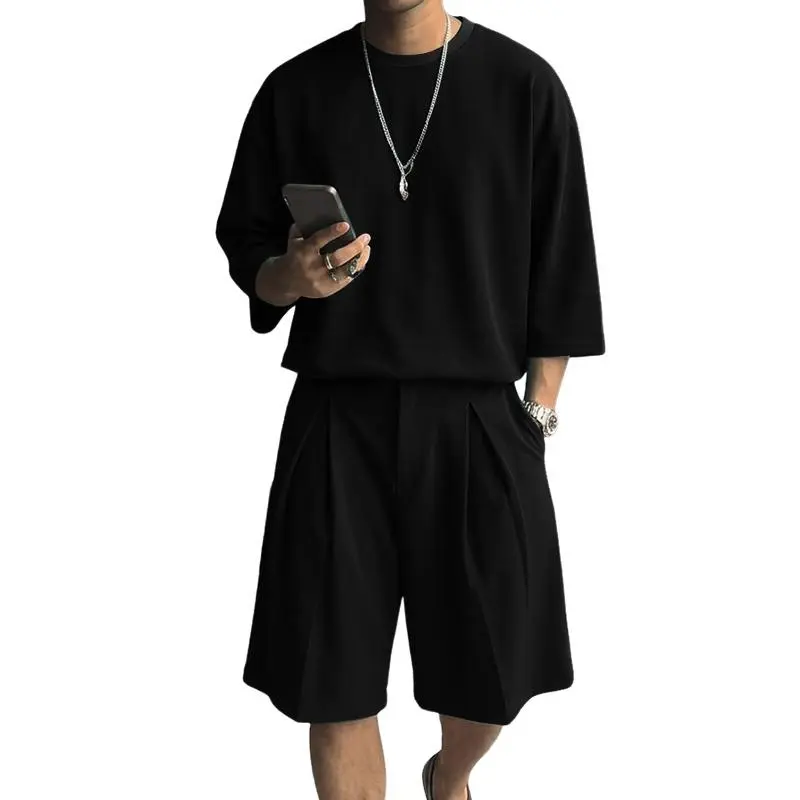 INCERUN Men's 2-Piece Quiet Luxury Plain Round Neck Oversized Drape T-Shirt & Pleated Shorts Co-ord, Fashion Clothes for Casual Evenings, Art Gallery Visits, Menswear, Stylish, 2 Piece Mens, Upscale Casual Fit, Understated Polish, Relaxed, Set, Resort Lou
