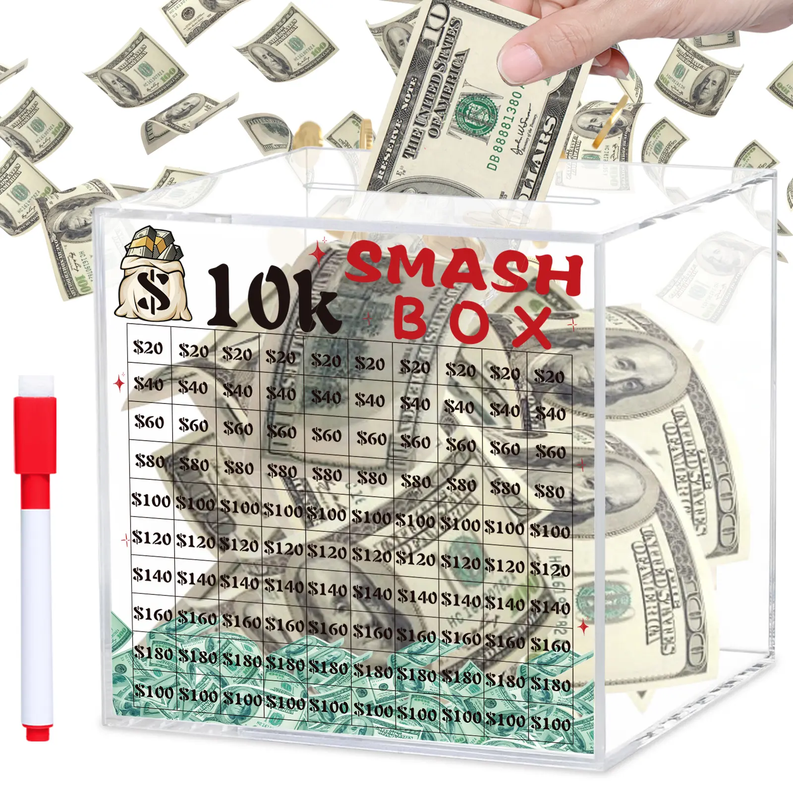 10k Smash Box for Money, Large Piggy Bank For Adults 10000 Savings Challenge Box, Money Saving for Cash, Big Unbreakable Clear Acrylic Money Saver Must Break to Open