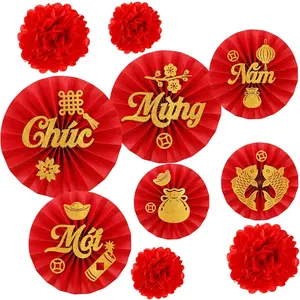 10 Pcs Vietnamese Lunar New Year Decoration Vietnamese Paper Fans and Red Tissue Paper Flowers Decorations for Lunar New Year Festival Party Supplies