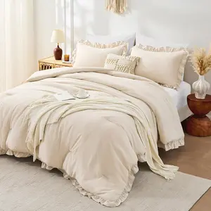 Comforter Set Beige 3 count, Ruffle Shabby Chic  Bed Set,  Lightweight Soft Bed in a Bag  for  Seasons, Farmhouse Bedding Comforter Sets(1 Comforter & 2 Pillowshams)
