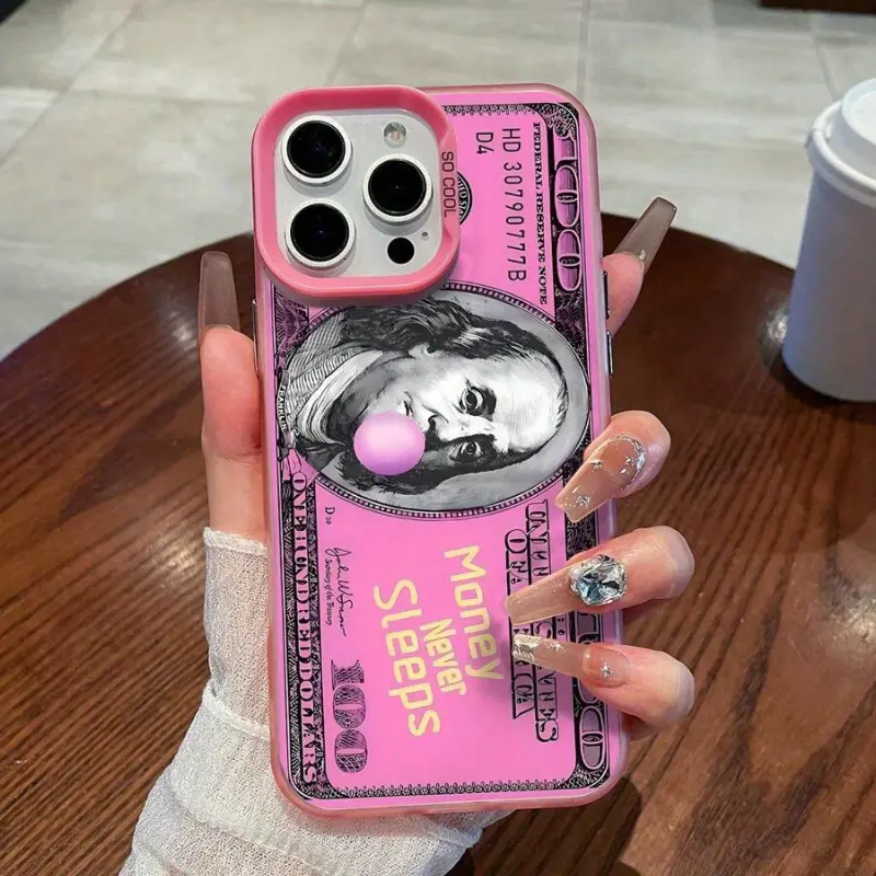 Soft Silicone Pink Bubble Gum Art Phone Case with Cash Bill Print, Retro Streetwear Design for iPhone 17,16,15,14,13,12,11,X,Plus,Pro Max - Hustle Gift