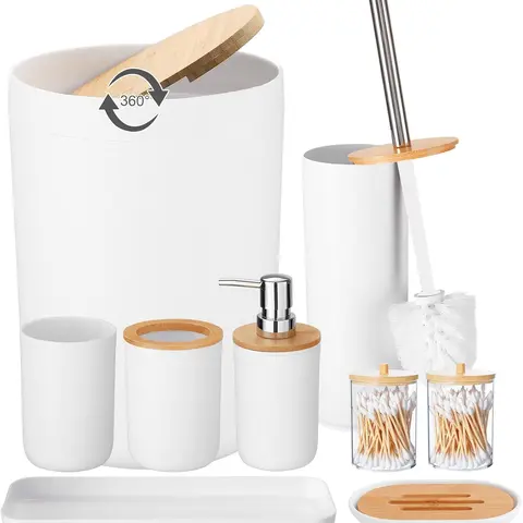 9PCS Durable Multifunctional Plastic Bathroom Sets Full Set - Lightweight Home Accessory Kit for RV, Apartment - Trash Can, Toilet Brush, Toothbrush Holder, Lotion Dispenser, Soap Dish, Cup, Vanity Tray, Qtip Holder - Ideal Dorm Gift