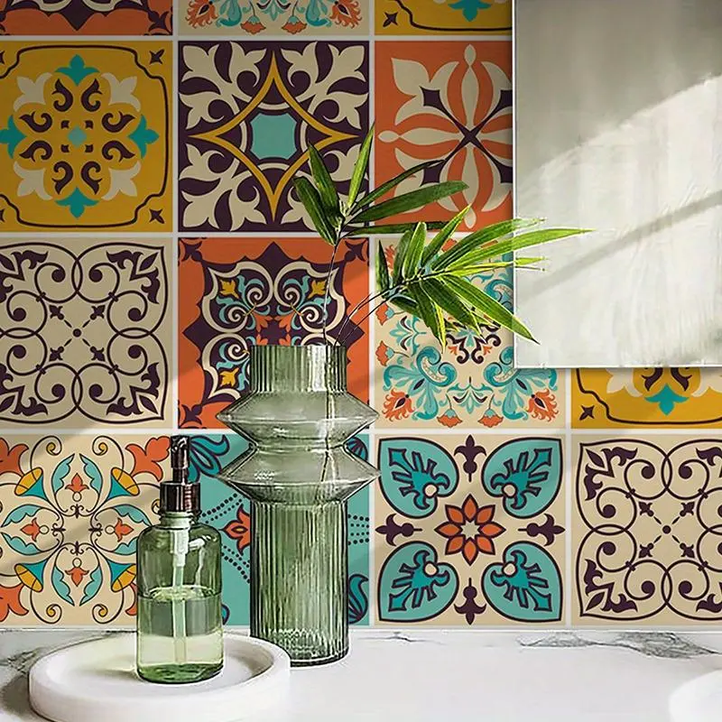 60Pcs Bohemian style tile self-adhesive wall sticker, peel and paste, waterproof living room kitchen bedroom wall sticker, home wall decoration, suitable for daily dinners, holiday arrangements, and enhance the sense of home atmosphere