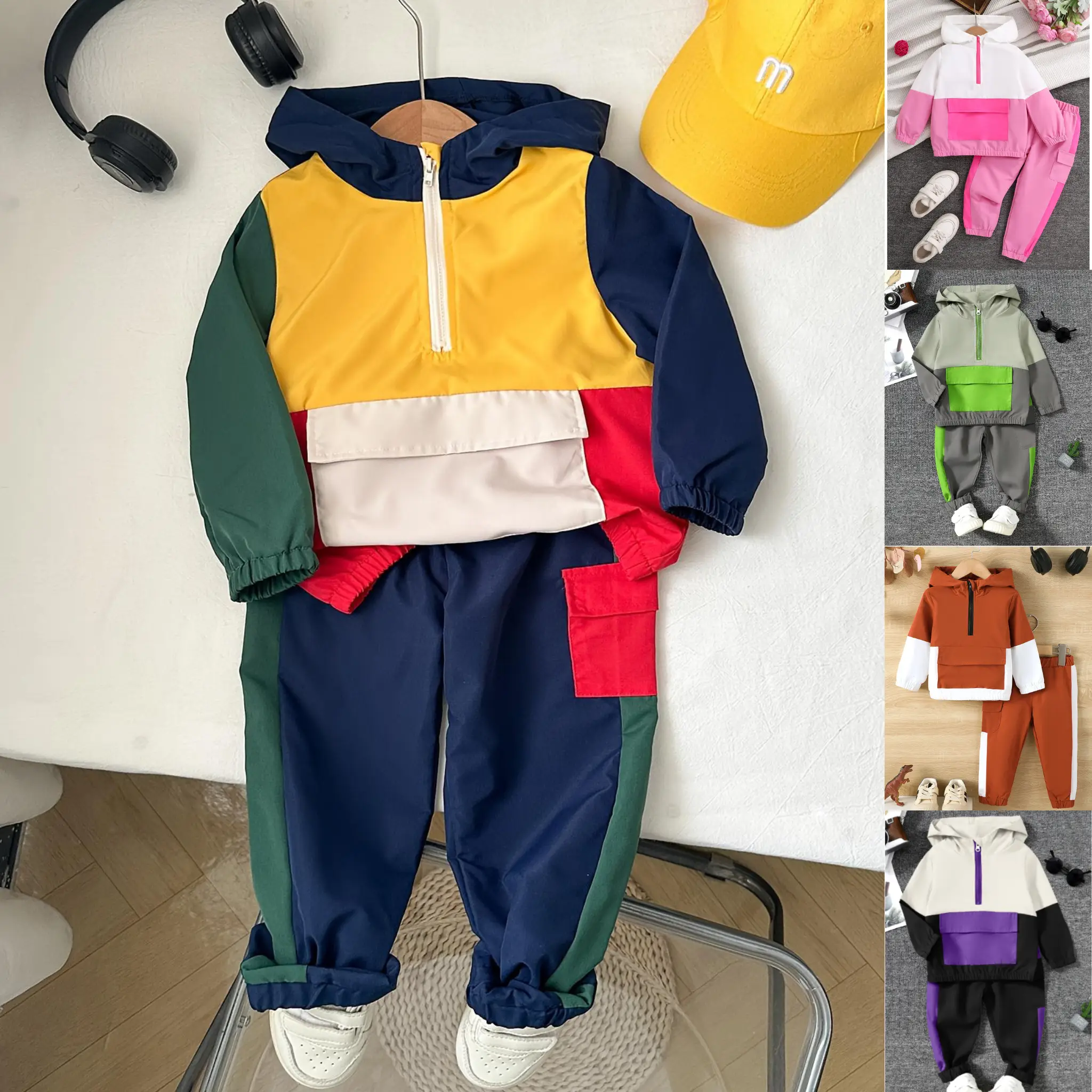 90's Outdoor Fun Toddler Boys Clothes Color Block Zipper Pocket Long Sleeve Pullover Tops For Fall Winter Elastic Pants 2Pcs Outfit Sets 222090044-2
