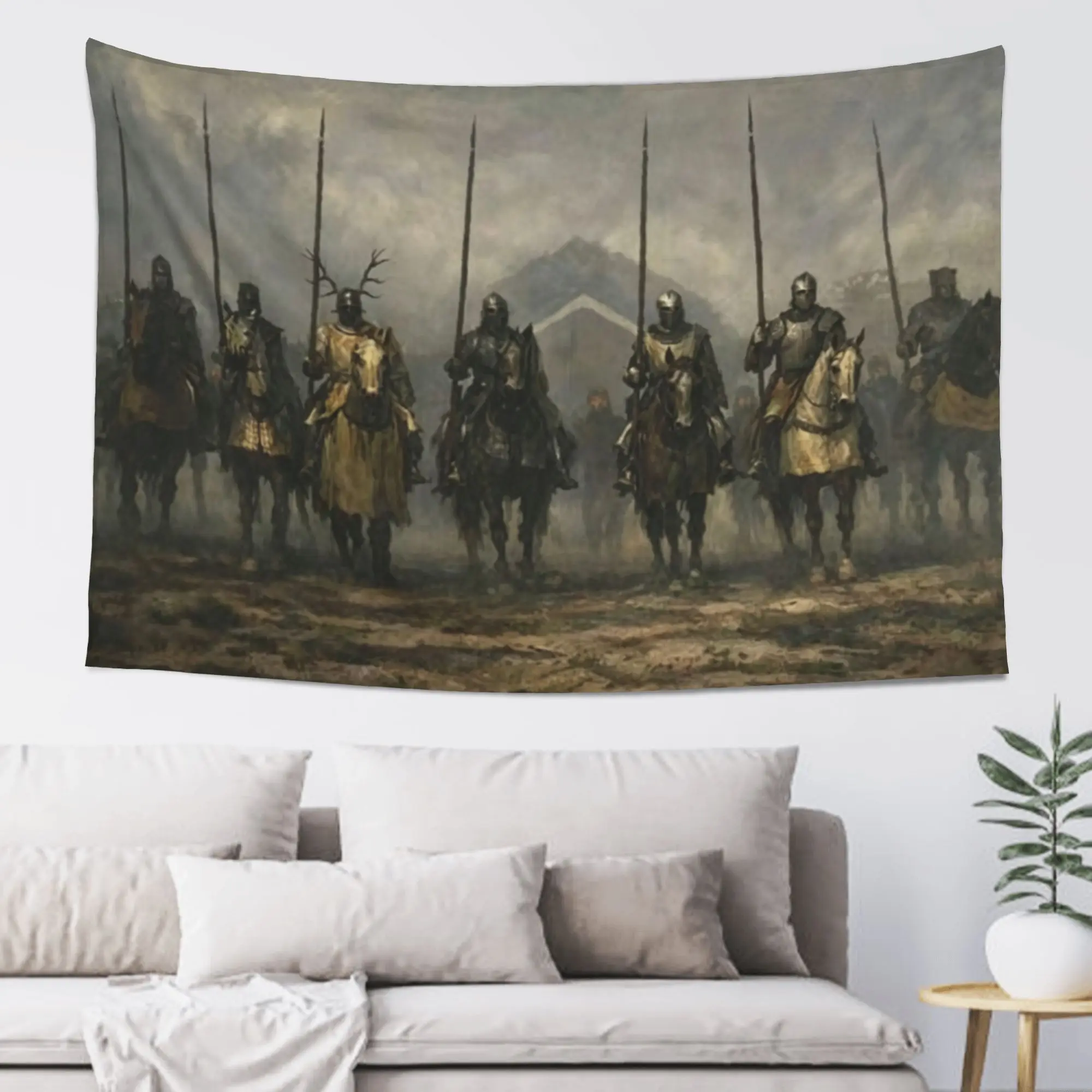 Trial By Seven Medieval Knights Horses Tapestry Wall Hanging, 60x40in Fog Battle Sir Duncan Vintage Art Banner, Aesthetic Indoor Wall Decor Gift for Men Women