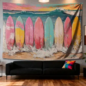 Polyester Digital Print Wall Tapestry - Coastal Casual, Colorful Artwork Print Tapestries, Beach, Surfboards, Ocean Waves Design, Home Decor for Living Rooms, Bedrooms,summerwins