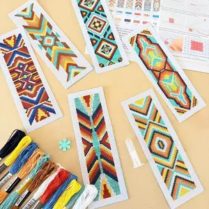 6-Piece Geometric Cross Stitch Bookmark DIY Kit, Beginner-Friendly Sewing Craft Set, Includes Fabric, Threads, Tools, Perfect Gift