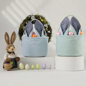 Easter Bubble Gauze Bucket Checkered Rabbit Ear Baskets for Boys and Girls Egg Hunting Gift Bags Toys Party Decoration Tote Bags Unisex