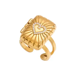 Clear Heart Book Locket Adjustable Ring - 18K Gold Plated Stainless Steel