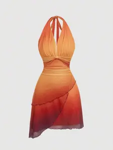 Ombre Bowknot Lace-Up Asymmetric Backless Halter Neck Dress,Summer Dresses For Women,Boho,Beach,Western,Vacation,Casual,Party,Orange Dress In Women,Tea Party Dress,Vintage Dress,Orange Gradient Halter Neck Dress For Wedding Party And Evening Gathering, Li