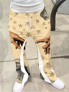 Vintage Men's Renaissance Print Pants, Loose Bell Bottoms, Drawstring Sports Long Pants, 3D Soft Breathable Fabric, Casual Daily Wear