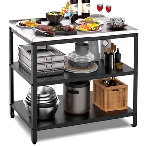 Stainless Steel Outdoor Prep Table, 3-Tier Heavy Duty Outdoor Grill & BBQ Prep Station, Rust-Resistant Utility Table for Patio, Pizza Oven, Garage & Food Prep (No Sink)