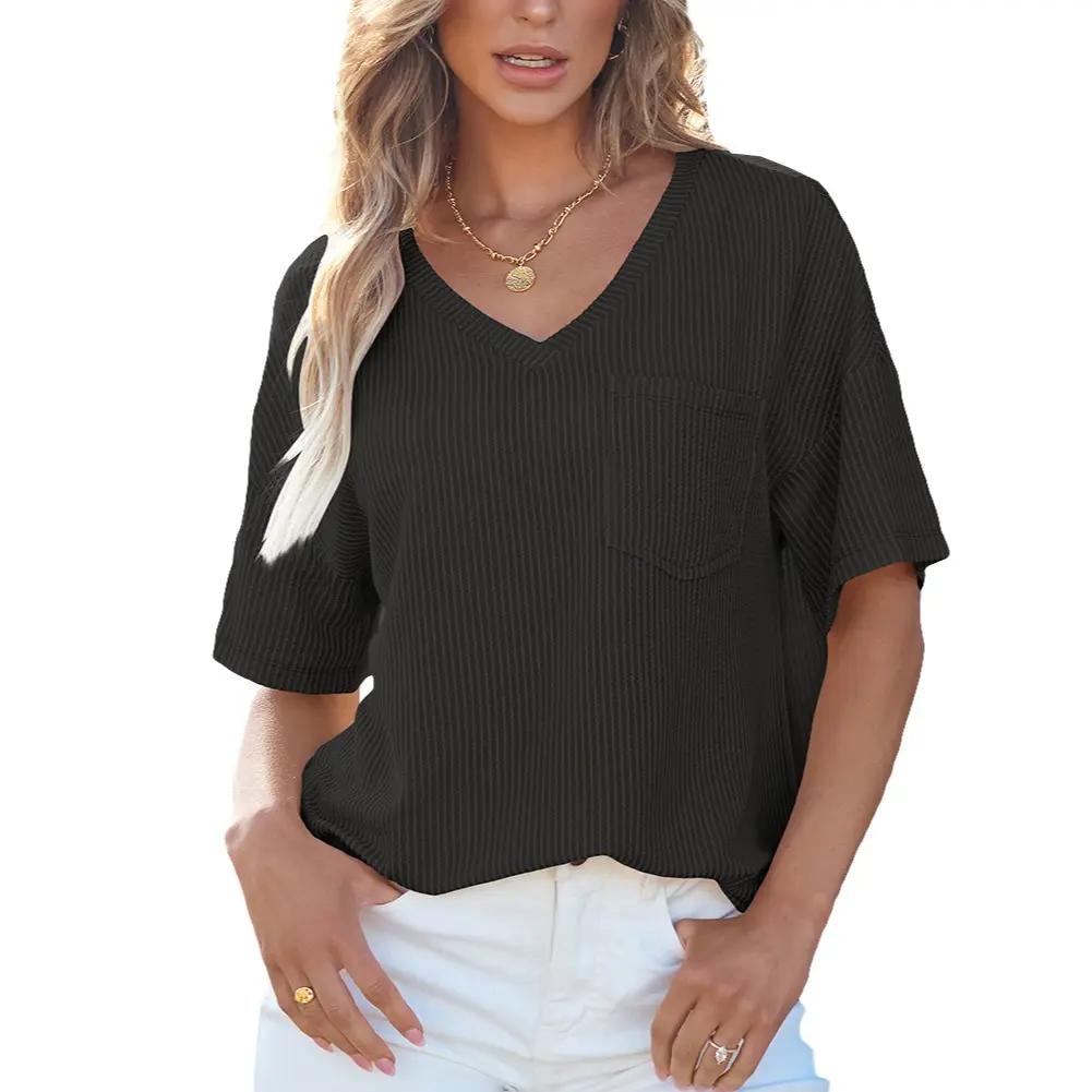 Asvivid Women's Casual Short-Sleeve Elastane T-Shirts - Summer Loose V-Neck Solid Ribbed Textured Tops with Pocket, Minimalist Streetwear Basics for Work & Everyday, Shortsleeve