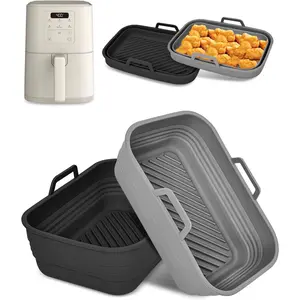 Collapsible Air Fryer Liners 2-Pack for 4Qt Slim Air Fryer(3.3lb Capacity), Reusable Airfryer Pot Rectangle, Non-stick Baking Basket Insert for Air Frier Accessories,Gray+Black