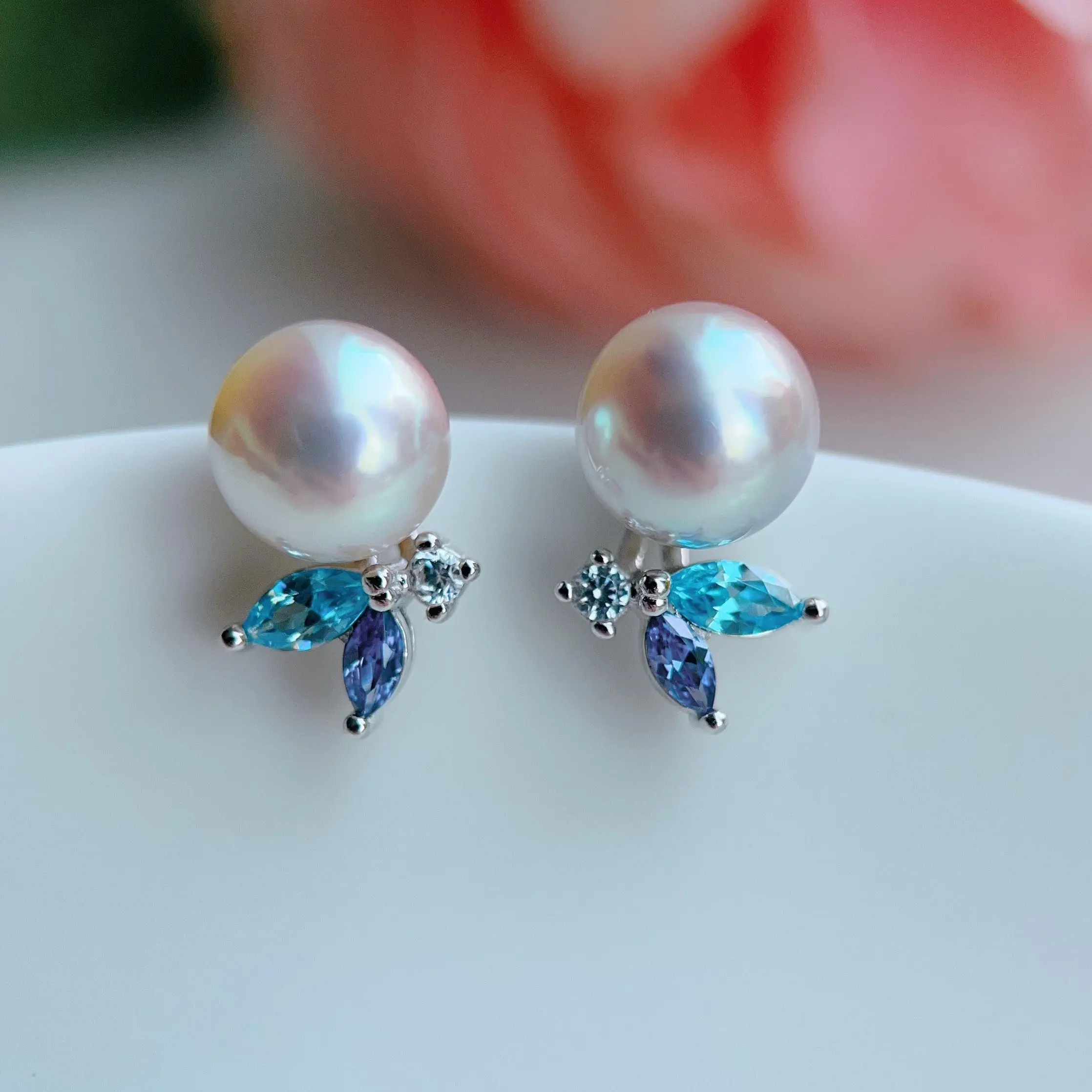 Piswency Genuine Akoya Pearl Stud Earrings, Round Saltwater Pearls Pink and Blue Luster, 925 Sterling Silver Zirconia Studs, Handmade Jewelry Gift for Her
