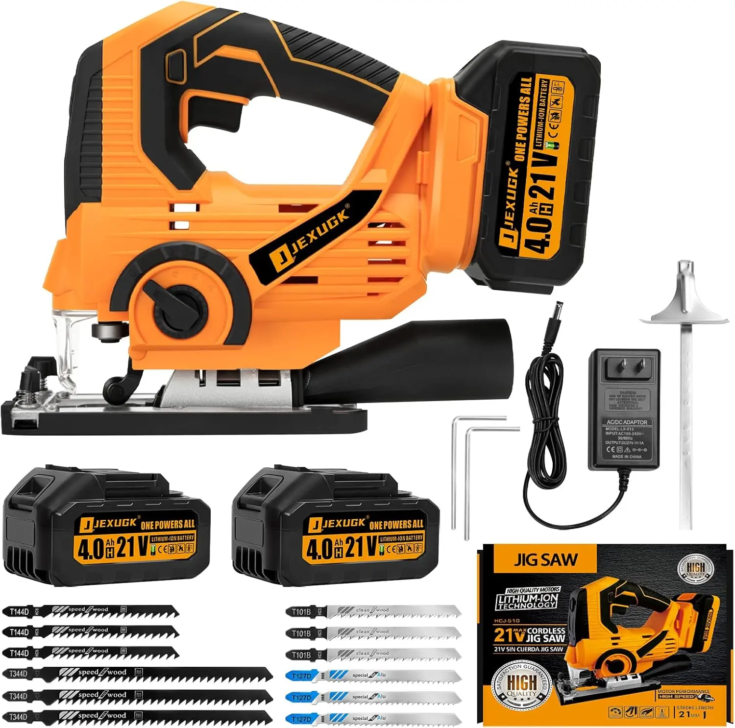 JEXUGK Cordless Jigsaw, Jig Saw Tool with 2 x 4.0Ah Battery & 12 Blades，4 Orbital Settings, ±45° Bevel Cuts, 3200 RPM Variable Speed, Sierra Caladora with LED Light for Wood PVC Metal Cutting