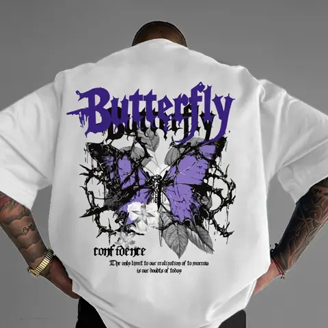 Gothic Purple Thorn Butterfly Print Tee - 100% Cotton Stylish Aesthetic Round Neck Short Sleeve Sports Top, Breathable Machine-Washable Streetwear for Adults, Gift Option