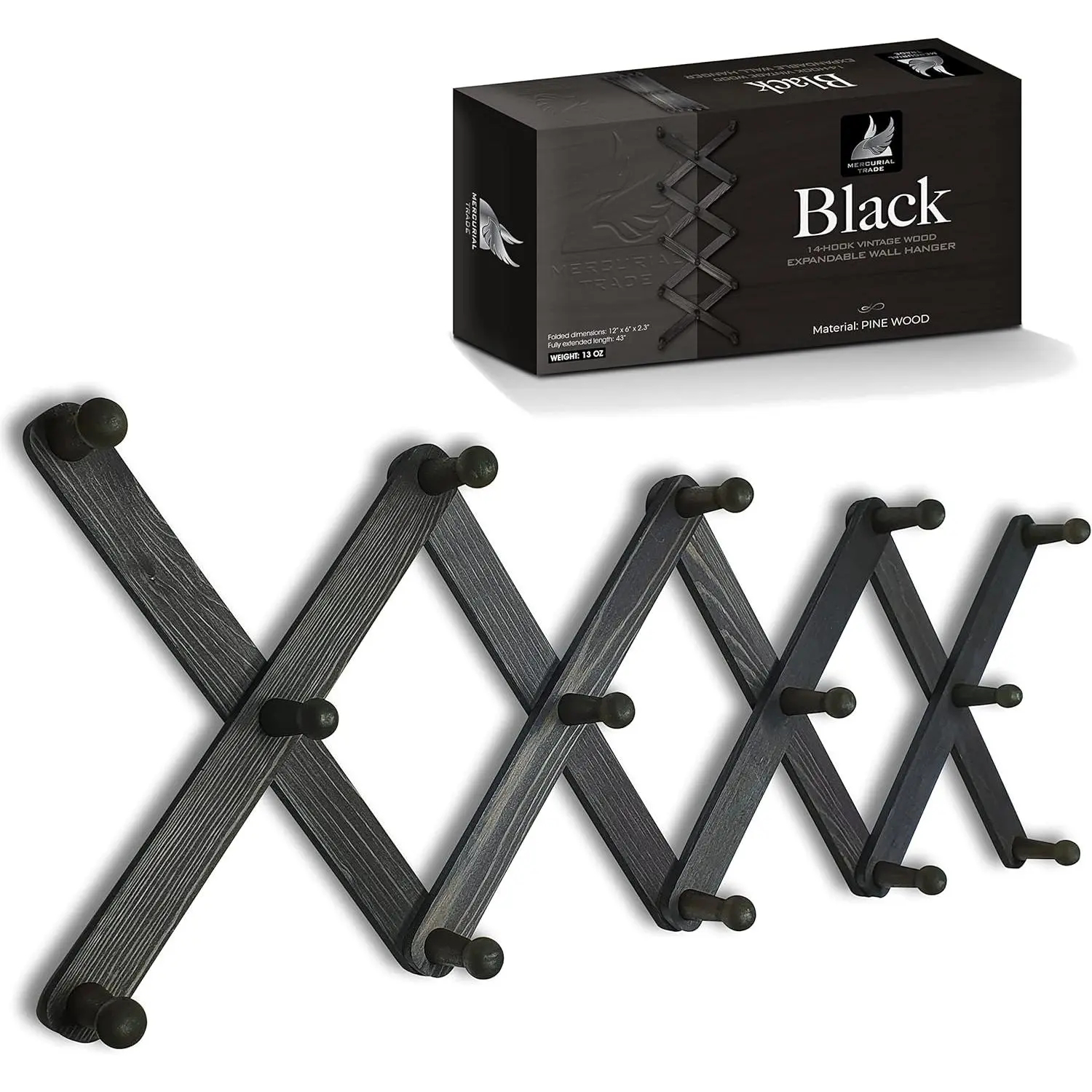Expandable Wooden Coat Rack Hanger - Accordion Wall Hanger with Expanding Wall Pegs |   Hand Made Vintage Wooden Hat Rack for Wall |   Hang Coat, Jacket, Hat |   Wall Rack – 14 Hook, Black