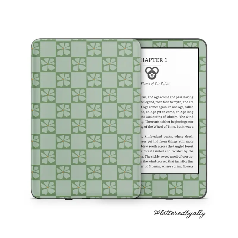 Green Checker with Flowers Kindle E-reader Skin Vinyl Decal