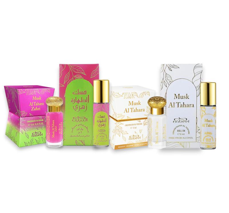 Nabeel Perfumes | Musk Al Tahara | Musk Al Tahara + Musk Al Tahara Roll-On Oil + Musk Al Tahara Zahri + Musk Al Tahara Zahri Roll-On Oil | 6 ML - 12 ML | Unisex fragrance | White Musk - Violet & Powdery Notes
