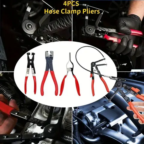 4 PCS Hose Clamp Snap Ring Pliers 4 in 1 Clamping Wire Tool Wire Flexible Hose Clamp Removal Tool and Ring Clamp Long Distance Compatible Car Truck Fuel Water Line Repair Tool，car accessories
