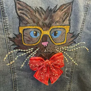 Custom Up-cycled Denim Jacket with hand painted Cute Cat with Glasses.