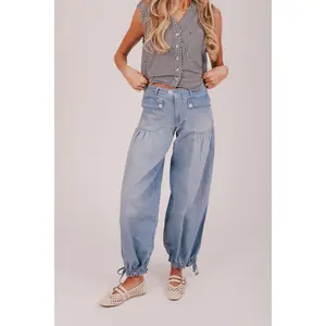 Free People Lotus Jeans - Women's Light Balloon Leg Bottoms with Button Closure, Pockets, 3 Style Color Options, Sassy