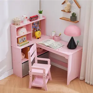 Pink Kids Corner Desk, Desk and Chair Set for Children, L Shape Kids Study Table - Features Bulletin Board Open Shelves & Storage Cabinets and Cloth Drawers Round Wood