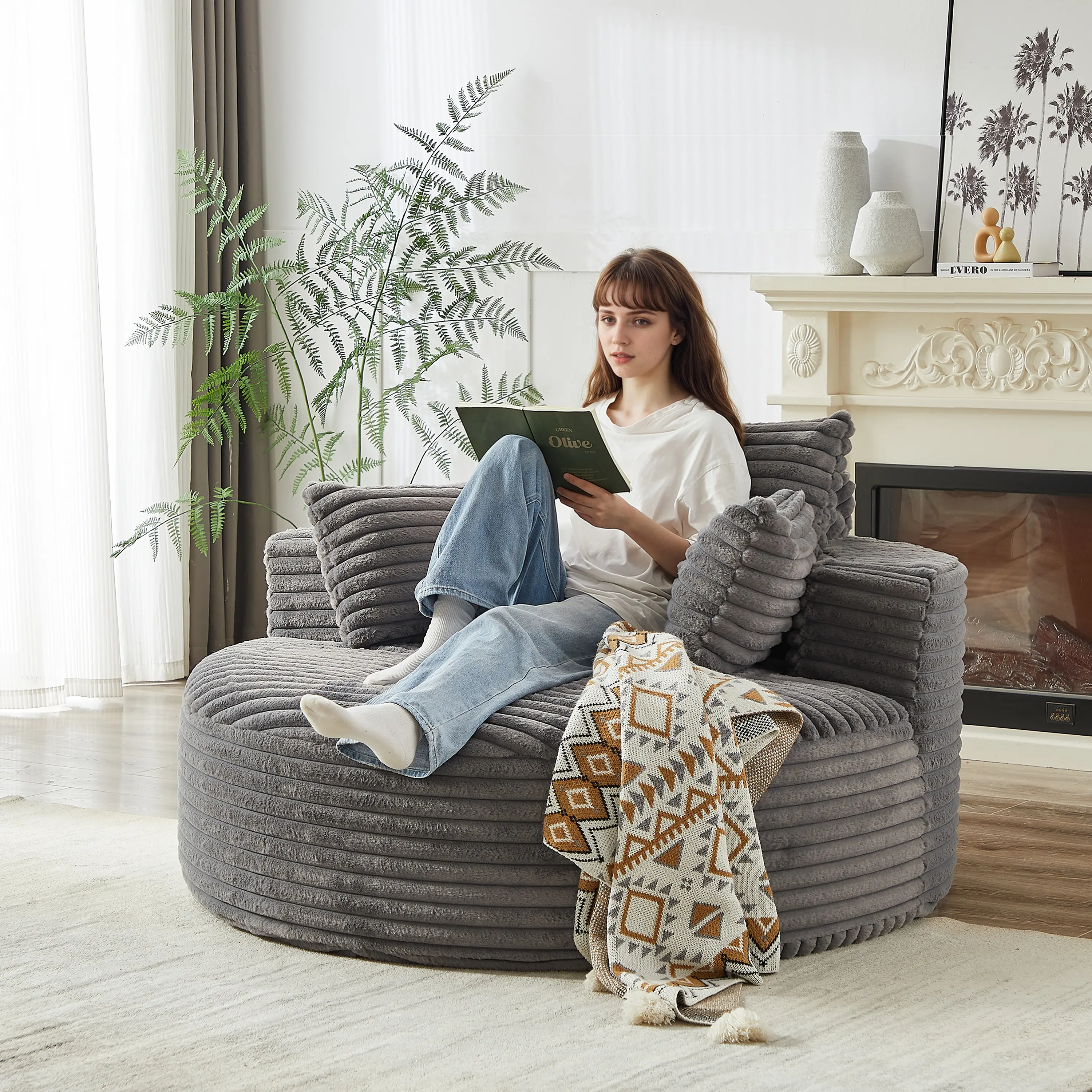 Single Sofa Sleeper Chair 55"L Corduroy Sponge, No Assembly Required, Fluffy Modern Couch for Living Room, Bedroom, Lounge, Projection Room, Not a Swivel Chair