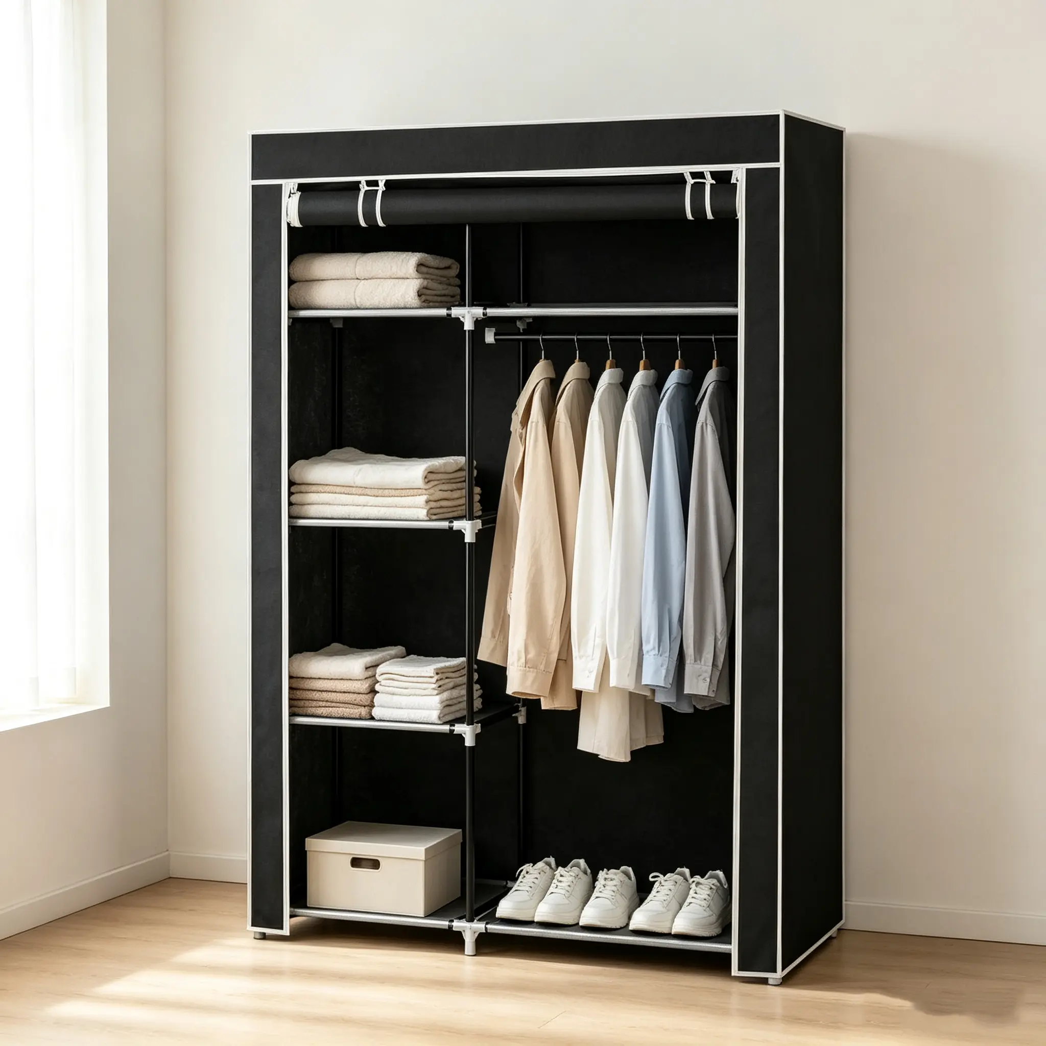Black 64" Portable Bedroom Wardrobe Closet Storage Organizer with Shelves, Indoor Furniture Clothes Rack