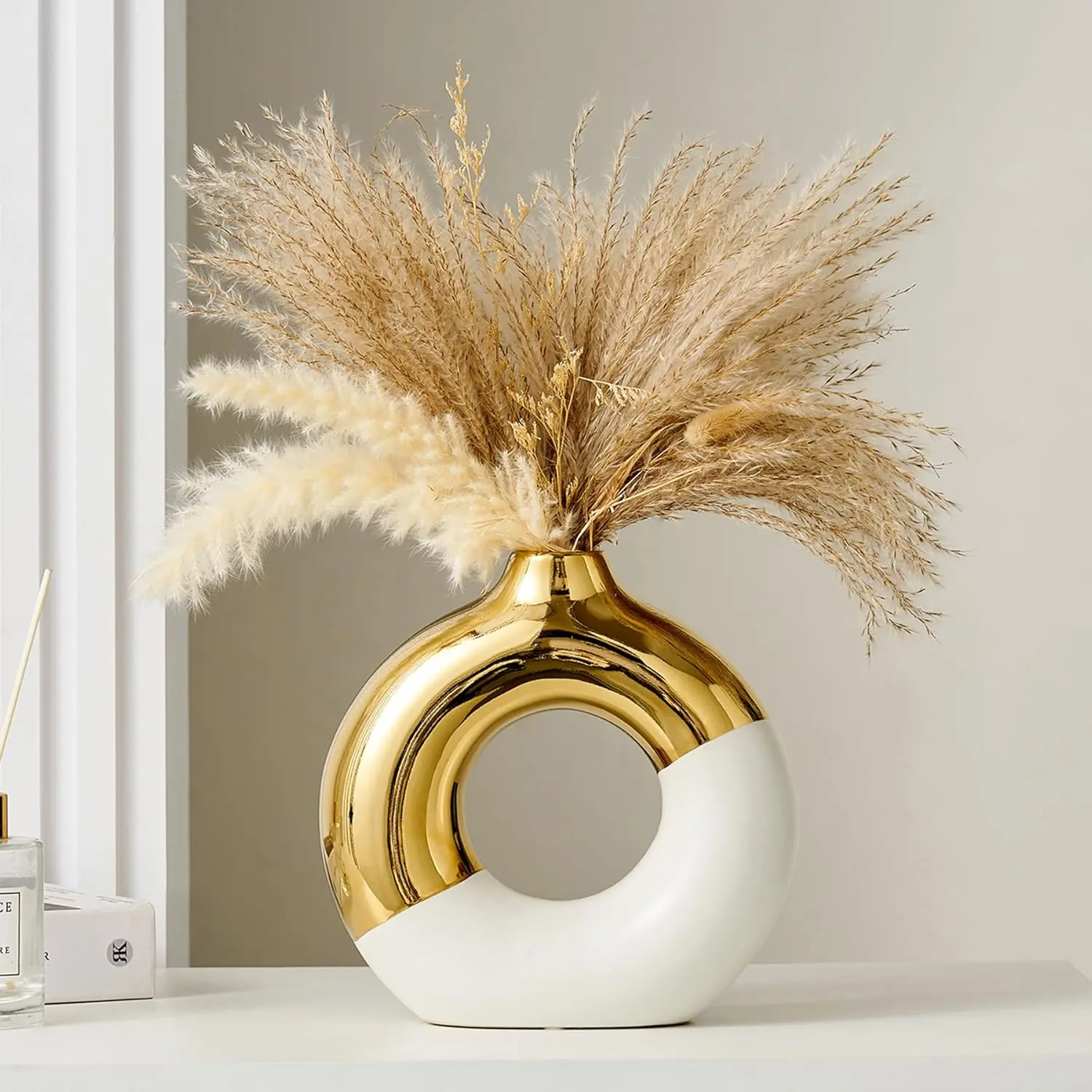 Ceramic Donut Vase, 8" L x 8" H White and  Round Vase for Pampas Grass, Nordic Modern Vases for Decor, Ceramic Vase Centerpieces for Wedding, Bedroom, Living Room, Coffee Table, Office