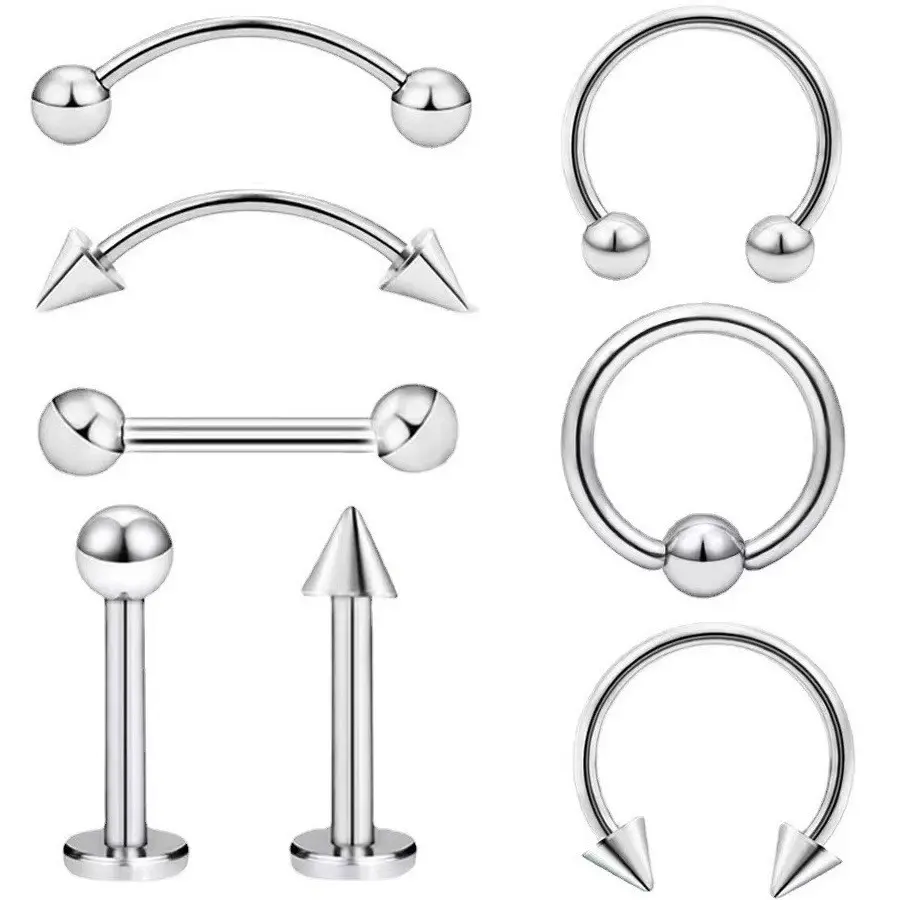 8PCS Classic Eyebrow Nail, Nose Ring, Nose Nail, Tongue Nail, Navel Nail, Septum Clicker，Eyebrow Puncture Nail Set Stainless Steel Mixed Nose Ring Nose Stud Jewelry Piercing Set Body Piercing JewelryBody Jewelry for Women & Men
