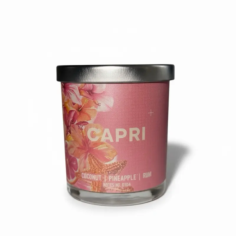 Capri Coconut Pineapple Rum Scented Candle in Pink Floral Design with Silver Lid
