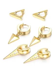 3 Pairs Golden Black Geometric Hoop Earrings Set for Men Women Punk Gothic Stainless Steel Huggie Earrings with Triangle Dangle Design Hypoallergenic Minimalist Cartilage Jewelry Perfect for Daily Streetwear Parties Cool Gift Giving