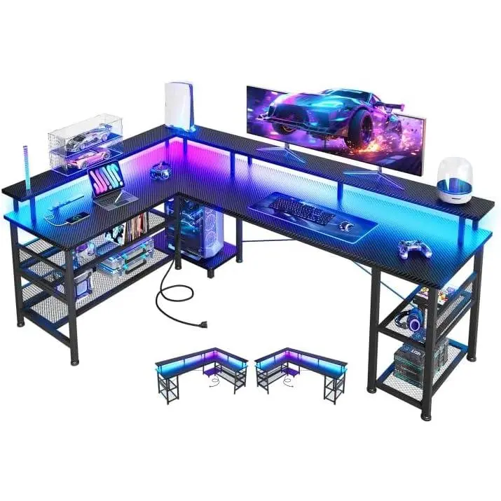 66" Large L Shaped Gaming Desk with Power Outlet & LED, Black |   Reversible L desk, carbon fiber texture. Storage shelves, monitor stand. Spacious 66" for multi-monitor gaming & home office.