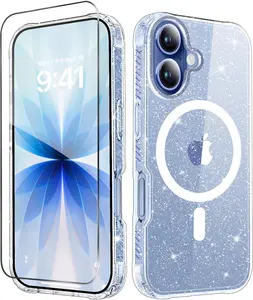 for  17 Case + Screen Protector, [Compatible with Magsafe] Clear Glitter Women Girl Cute Phone Case, Anti-Yellowing Protective Shockproof Cover for  17 6.3 Inch - Sparkle Clear