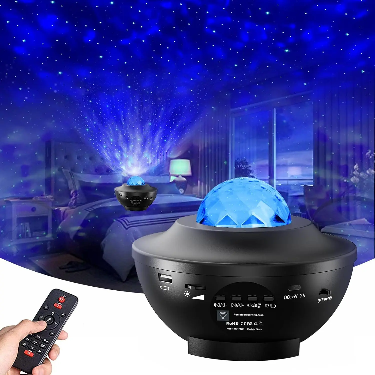 Galaxy Projector - 2-in-1 LED Night Light with Imaginative Starry Night Sky, Stars and Clouds, Ocean Wave Display, Bluetooth Speaker, Music Sync, Remote Controller, 1h-2h Auto Shut-Off Timer, 1pc Micro USB Charging Cable for Bedroom Decor, Kids, Free Sett