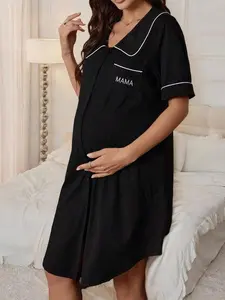 Maternity Stylish Peter Pan Collar Dress With Pocket Color Block And Letter Embroidery Black Long Nightgown Half Sleeve High Waist Casual