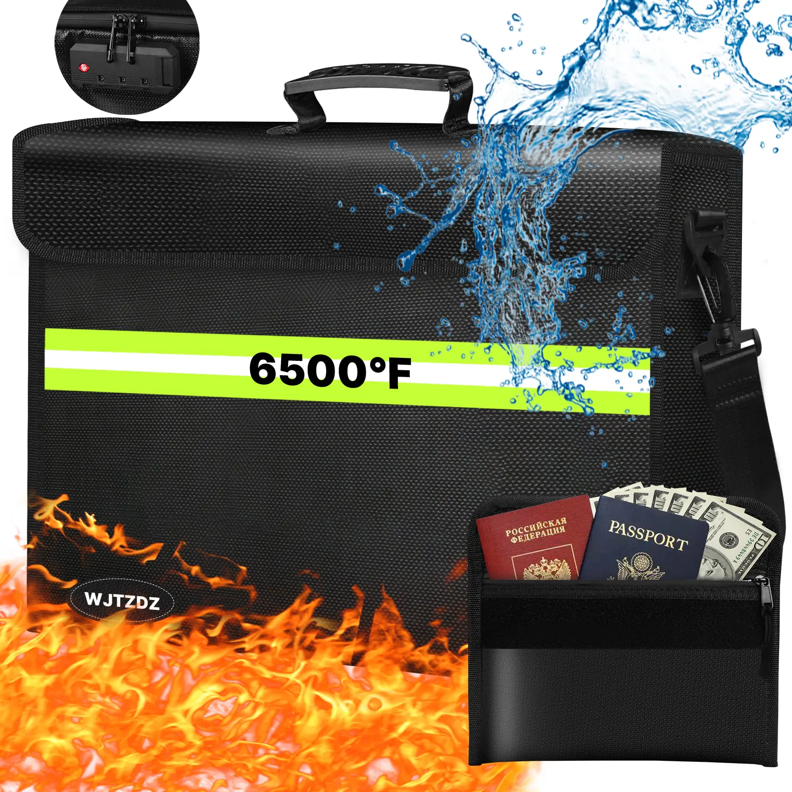 6500°F Large Fireproof and Waterproof Document Bag with Lock,10 Layers Insulation Materials&Waterproof Zipper,Removable Folder Layers/Wallet,Reflective Strip for Valuables