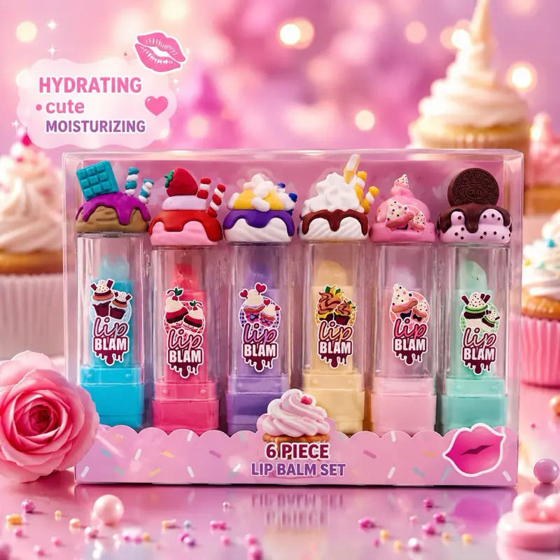 6-Piece Cupcake Lip Care Balm Set Hydrating Moisturizing Glossy Sweet