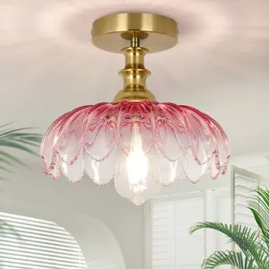 Vintage Semi Flush Mount Ceiling Light |  Blue/Pink/ Light Green Glass Flower Lamp | Boho Lighting for Hallway Kitchen Bedroom Porch，E26，Bulb not included