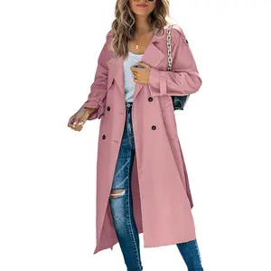 Imily Bela Women's Lady Classic Lapel Double-Breasted Long Trench Coat - Windproof, Slim, Fitted, Elegant Overcoat with Belt, Casual Style Longsleeves Outerwear