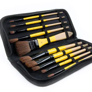 10 Pieces Paint Brush Set, Includes a Carrying Case, Premium Hog Bristle Brushes for Acrylic and Oil Painting (Yellow - Horse Bristle)