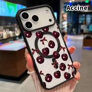 Magnetic Phone Case for iPhone 17 Pro Max 16 Plus 15 14 13 12 11 Air E Bowed Cherry Seamless Pattern Acrylic Back Matte TPU Edges Anti-Fall Ultra Thin Phone Cover Shell