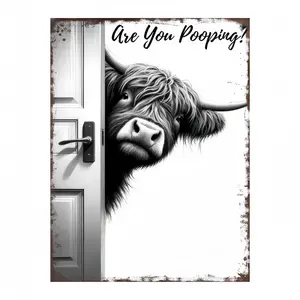 Vintage Highland Cow Aluminium Wall Sign - Funny "Are You Pooping?" Black and White Bathroom Decor, Decorative Farm-Themed Heritage-Inspired Home Sign, Decorative Home Signs, Farm-Themed Home Signs