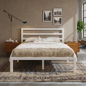 White Iron Queen Size Metal Bed Frame With Headboard Under Bed Storage Space Modern Platform Bed Frame No Box Spring Needed Easy Assembly Household Bedroom Furniture