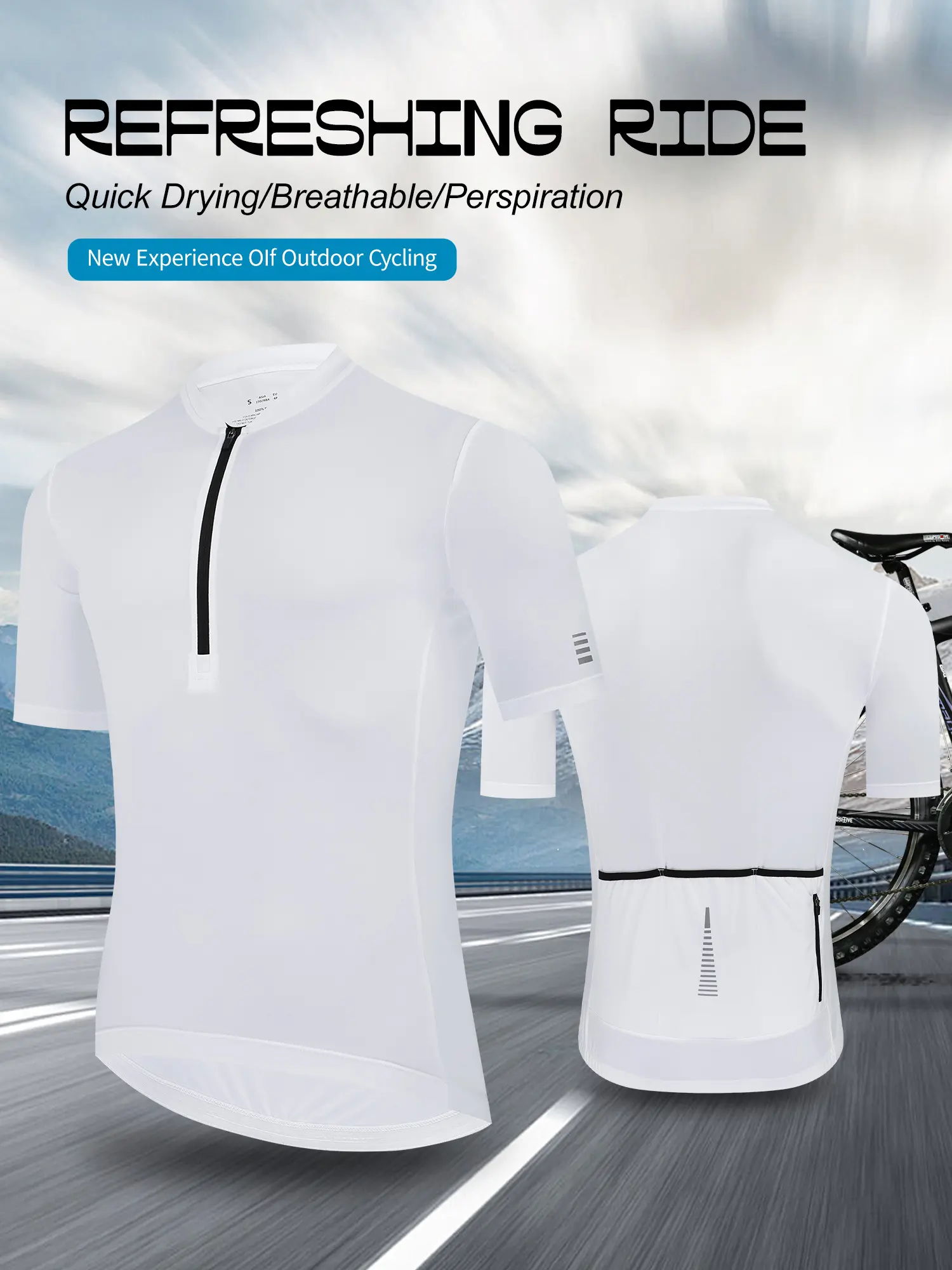 Men’s short sleeve cycling apparel featuring quick dry, breathable half zip design; cycling shirt with rear pocket; suitable for road cycling, mountain biking, and outdoor activities.