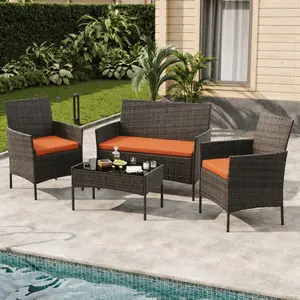 GAOMON 4 Pieces Patio Furniture Set,Outdoor Furniture with Orange Soft Cushions and Coffee Table, All-Weather Rattan Outdoor Patio Set with Seats