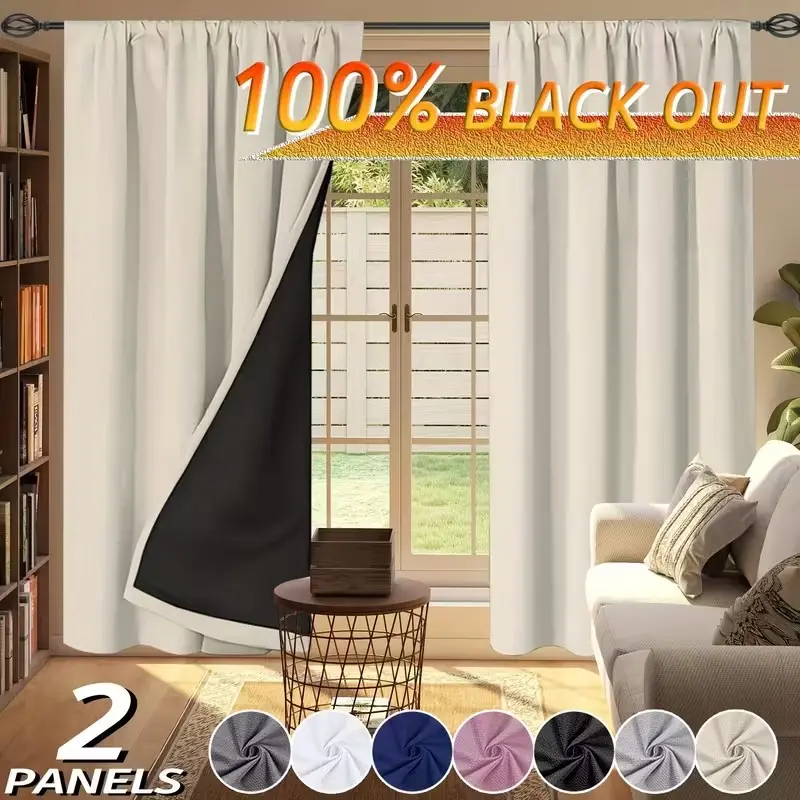 2pc 100% Full Blackout Curtains, Blackout Window Cover, Polyester Privacy Curtain, Thermal Insulated & Noise Reducing, Privacy Protection for Bedroom, Living Room, Office & Bay Windows